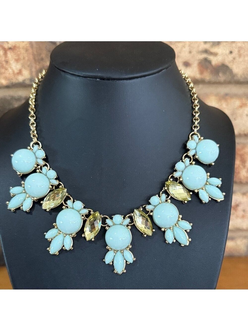 Leslie Danzis light blue and green rhinestone statement necklace